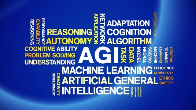 AGI Artificial General Intelligence animated word cloud-gross domestic product animation tag kinetic typography seamless loop.