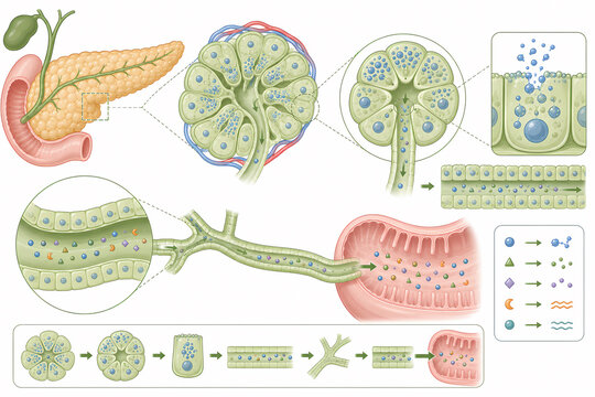 Pancreatic exocrine acinar digestive enzyme illustration