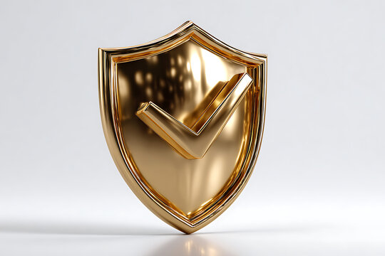 Golden shield icon with checkmark, security symbol, protection sign, safety logo, metallic emblem