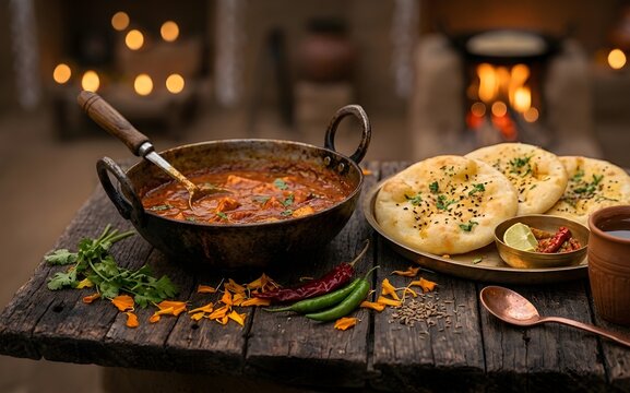 Authentic rustic Indian kitchen setting with a simmering kadhai of curry, kulcha bread, tandoor chulha fire, mud walls, and clay cups, traditional North Indian cuisine stock photo.

