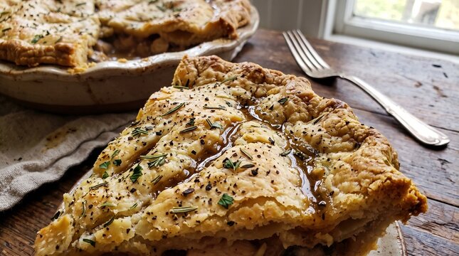Buttery crust with herb flecks (rosemary, thyme, parsley) and cracked black pepper, tiny streaks of pan jus shining in the crevices