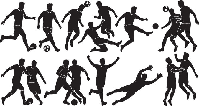 Soccer players in silhouette action during a game with dynamic poses and a ball