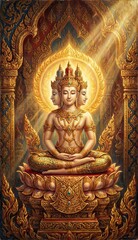 Fototapeta premium Three-Headed Deity Concept Ornate Three-Headed Deity in Golden Throne with Radiant Light and Intricate Temple Background, Symbolizing Divine Enlightenment and Serenity professional commercial con