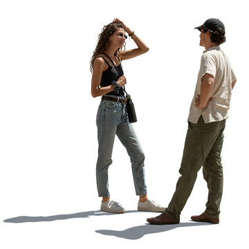 Backlit image of a man and a woman standing and talking, isolated on transparent and white background