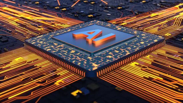 Close-up futuristic motherboard with an AI (artificial intelligence) processor, CPU, and semiconductors, as well as data streams. Blockchain, machine learning, deep learning, digital data processing.