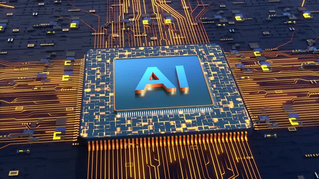 Futuristic motherboard with an AI (artificial intelligence) processor, CPU, and semiconductors, as well as data streams. Blockchain, machine learning, deep learning, digital data processing.
