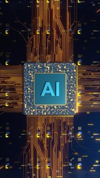 Futuristic motherboard with an AI (artificial intelligence) processor, CPU, and semiconductors, as well as data streams. Blockchain, machine learning, deep learning, digital data processing.