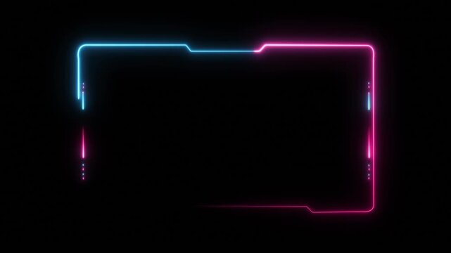 Neon glowing hud frame overlay, cyberpunk digital border for gaming stream and ui futuristic sci-fi light effect with pink and blue glowing lines