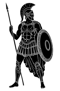 Ares ancient Greek god of war in full battle armor with spear and meander shield mythological silhouette vector illustration