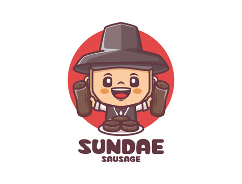 Cute Boy Cartoon Character in Korean Traditional Hanbok and  sundae sausage