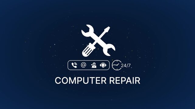 Computer repair service animation with tools and contact information on dark blue background tech support