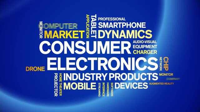 Consumer Electronics animated word cloud-gross domestic product animation tag kinetic typography seamless loop.
