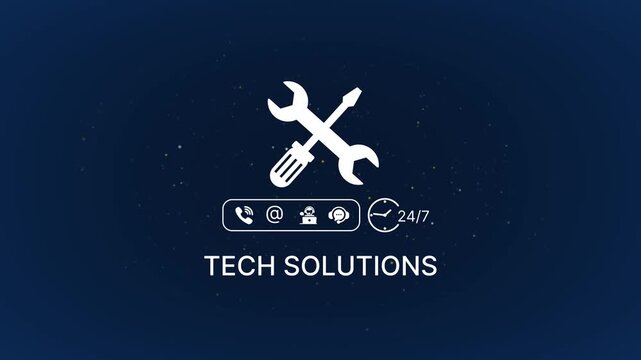 Tech solutions animation with crossed wrench and screwdriver on dark blue background with contact information and 24/7 support