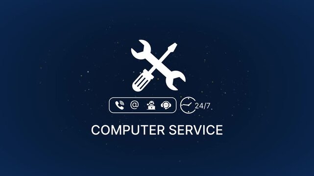 Computer service support animation with 24/7 availability and technical tools technical support it support