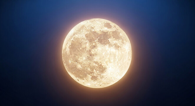 Full moon in the night sky with a dark blue background and a bright, glowing, and textured surface