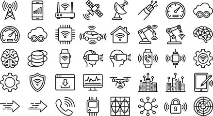 Naklejka premium Smart Technology and Wireless Connectivity Icon Collection with IoT Network Communication Automation Devices Artificial Intelligence and Digital System Symbols