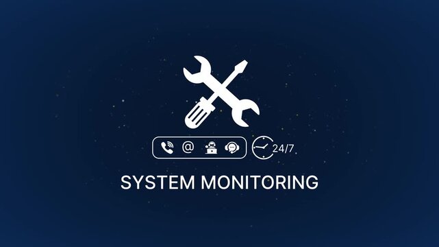 System monitoring animation with tools and 24/7 support on dark background technical support tools wrench