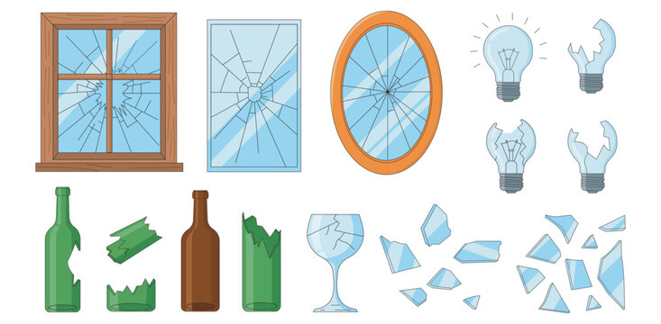 A collection of broken glass and light bulb illustrations including a shattered window, mirror, bottles, and various fragments