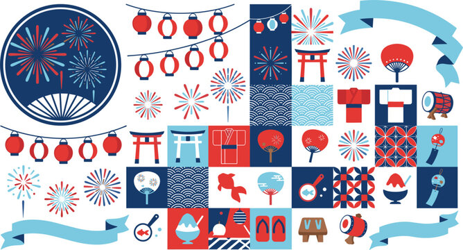 Japanese summer festival vector illustration element set with traditional lanterns fireworks torii gate kimono patterns and banners