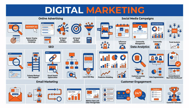 Digital marketing concept icons for business planning and online strategy implementation vector illustration with marketing business strategy planning advertising analytics communication