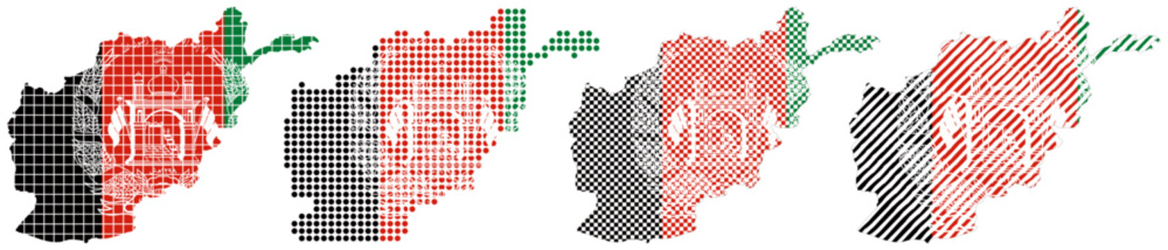 Afghanistan map collection with flag filled dotted halftone cross hatch and diagonal stripe patterns vector illustration