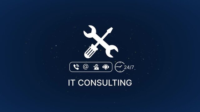 I t consulting services concept with crossed wrench and screwdriver tools on dark blue background with 24/7 support