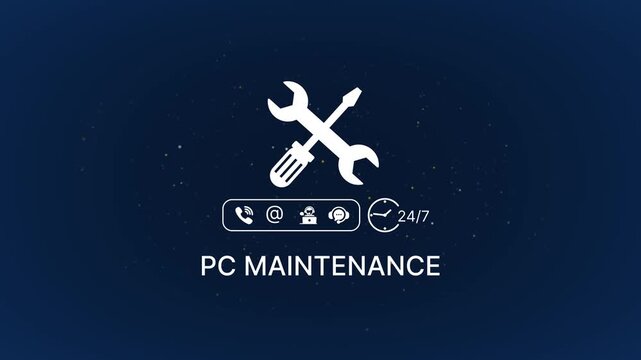 P c maintenance support services with tools and contact information on dark blue background pc maintenance