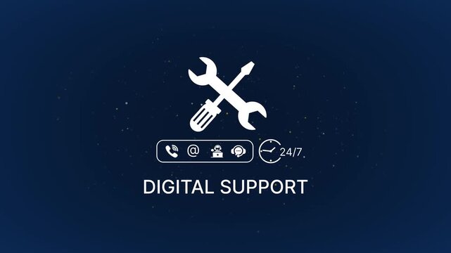 Digital support services with crossed tools and 24/7 availability on dark blue background technical support