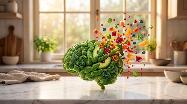 Nutritious Brain Food: Vibrant Fruits and Vegetables Bursting from a Broccoli and Avocado Brain on a Kitchen Counter
