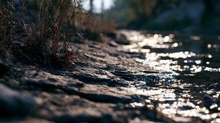 Fototapeta premium A close up view of a modern parched riverbed expanse featuring sparkling reflections and smooth gradients of natural organic shapes