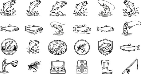 Obraz premium Trout Fishing Line Art Icon Collection with Fly Fishing Gear, Rainbow Trout and Angler Equipment
