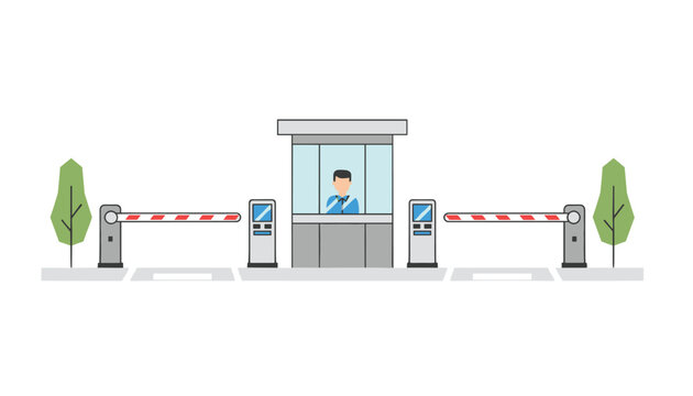 Security guard sitting in a small modern checkpoint booth located between two automatic barrier gates on a road in a gated community.