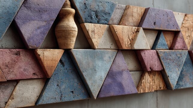 Geometric Wood Wall Art with Ceramic Vase Accent.