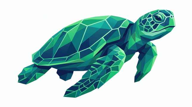 Abstract geometric sea turtle composed of symmetrical polygonal facets.