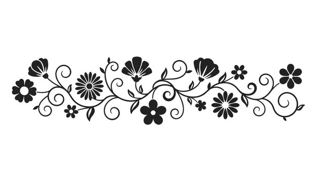 Elegant floral vine border design featuring artistic black silhouette flowers and swirling leaves on a simple white background for decor.