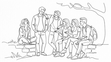 Obraz premium Friendship Day Line Art Group of Young Friends Outdoors