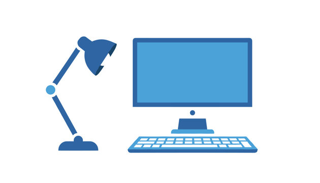 Modern desktop computer with a keyboard and desk lamp isolated on white background for office work and productivity or computer science tasks.