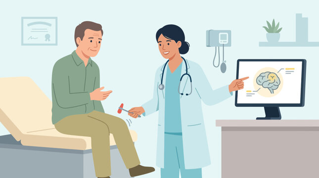 Doctor examines patient's reflexes with a reflex hammer and computer scan