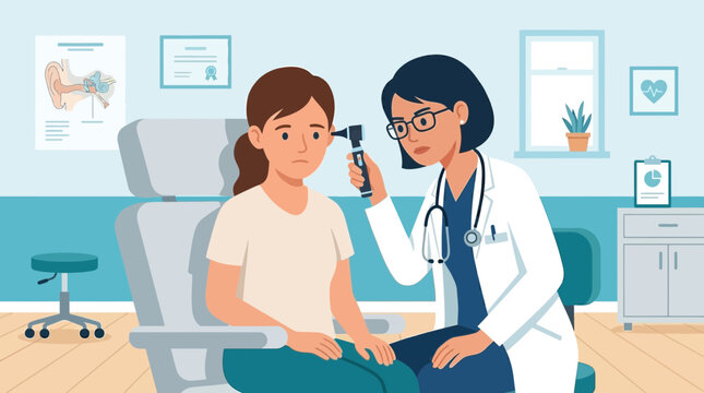 Doctor examining patient's ear with otoscope in clinic examination room