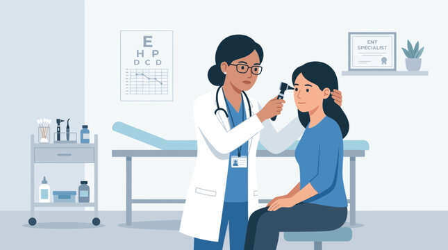 Doctor examining patient's eye with otoscope in clinic examination room