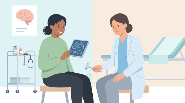 Doctor examining patient's neurological reflexes in clinic.