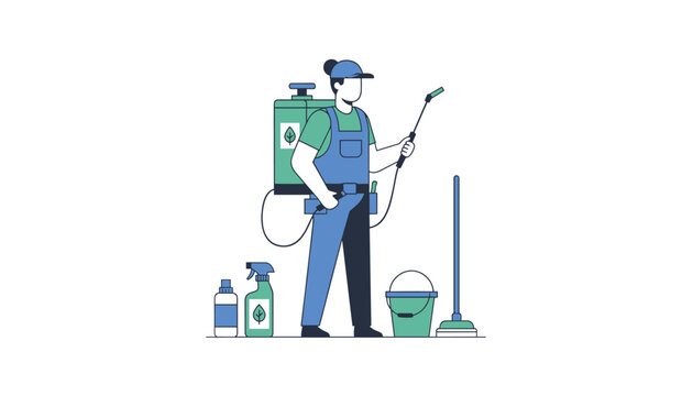 Pest control professional standing with a backpack sprayer and cleaning tools ready to perform a thorough house sanitation service job.