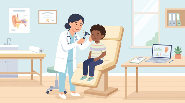 Pediatrician examining child's ear with otoscope in clinic examination room