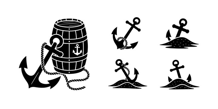 Set of nautical anchors and barrel icons