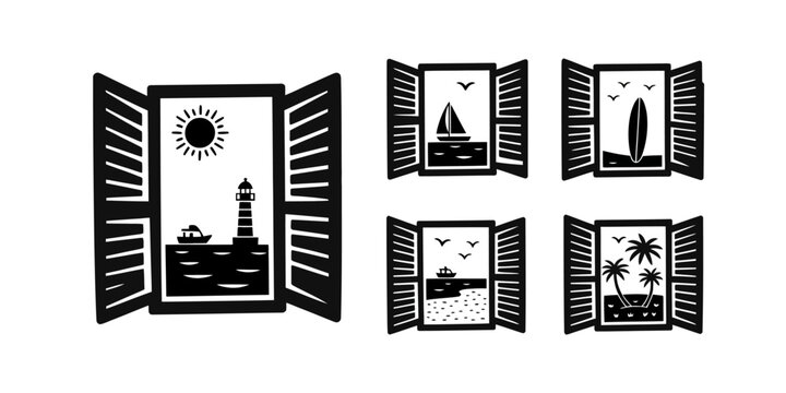 Windows with open shutters showing sea scenes  lighthouse boat sun surf sail