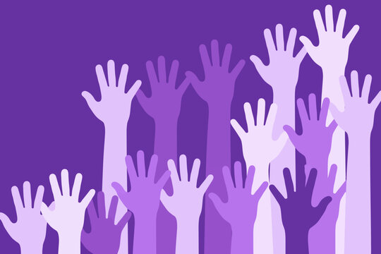 Many hands raised up in the air on purple background