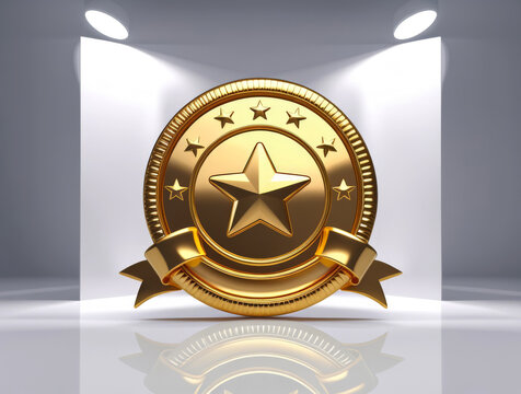 3d render of a golden award medal with a star and ribbon