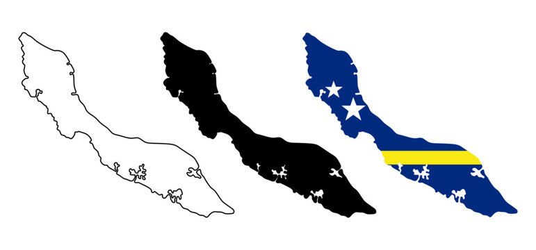 Minimal Curacao island map collection featuring outline, silhouette and flag design. Clean editable vector illustration for geography, travel, education and infographic projects.