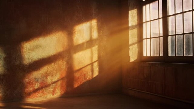 Dramatic sunlight streaming through a window into an empty rustic room casting warm shadows on a textured wall