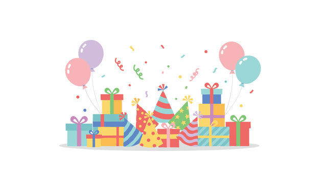 Lively celebration scene filled with colorful balloons, stacked gift boxes, and pointy party hats scattered with confetti for a birthday party.